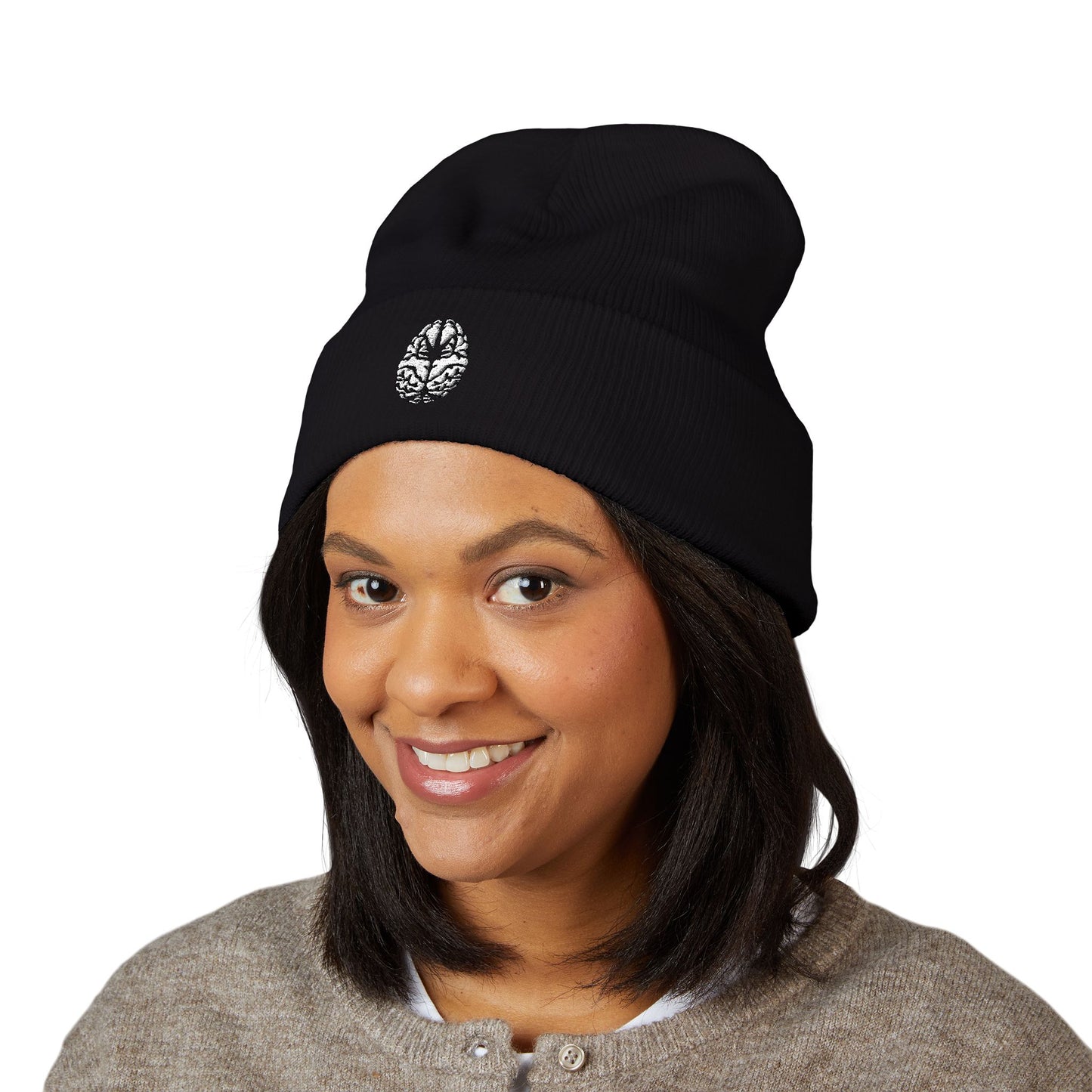 Embroidered Diamond Skull Cuffed Beanie — Minimal Gothic Winter Hat